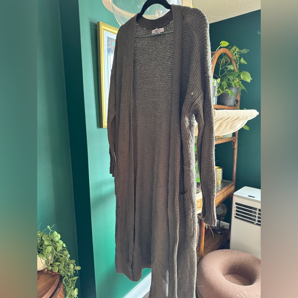 Extra long olive oil green duster cardigan, size large